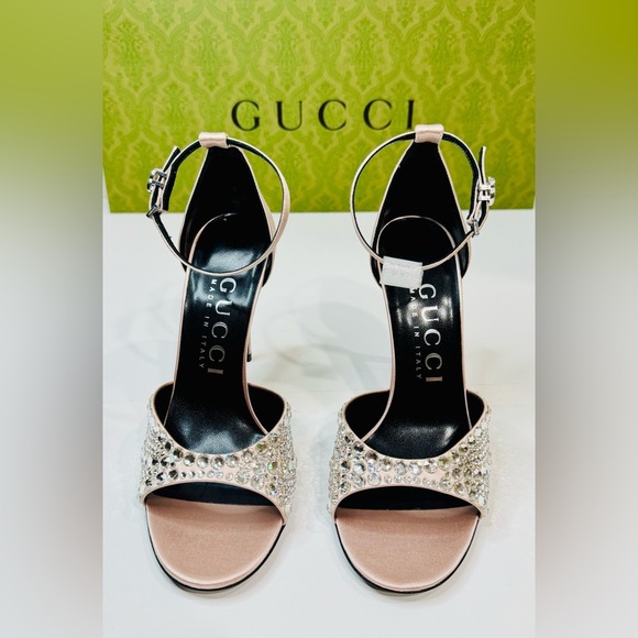 Gucci GG Crystal Embellished Rhinestones Heels Pink Satin Sandals Size 37.5 - Picture 7 of 16